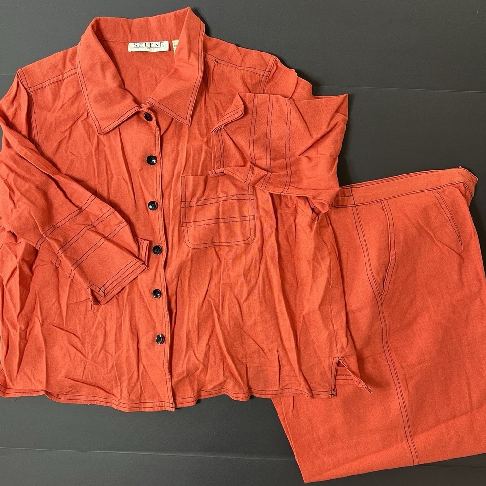 Vintage Selene Sport Linen 2pc Set Women's L Orange Lightweight Vacation Boho